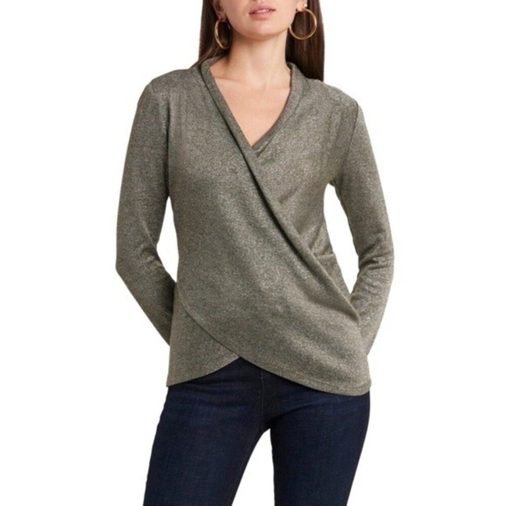 1. State Sparkle Knit Cross Front Top Army Green Heather Metallic Balletcore XS